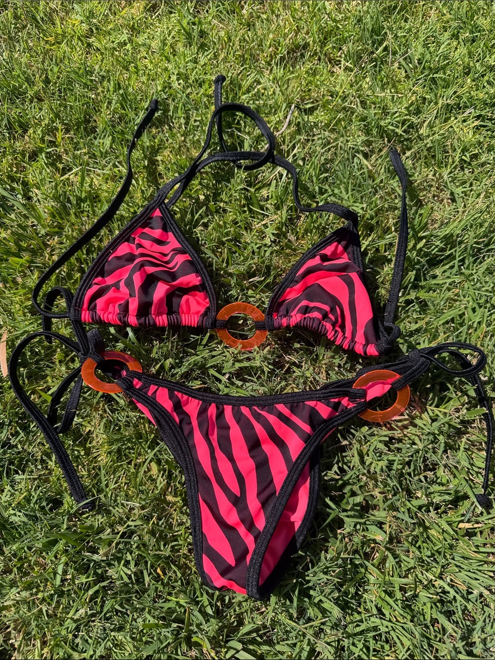 Women’s Black & Hot Pink Zebra Triangle Bikini with Accent Rings